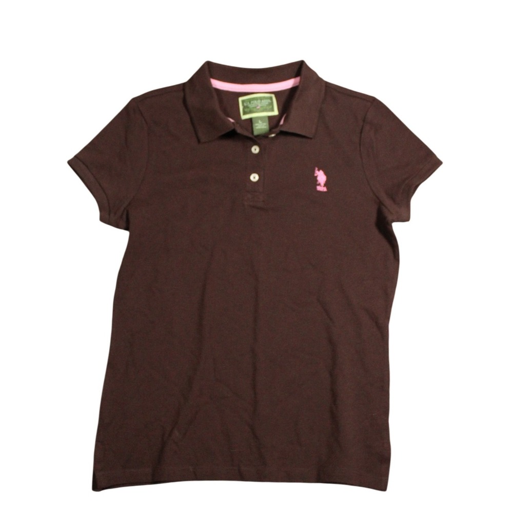 US Polo Assn Girls‎ Brown Short Sleeve Pique Polo Shirt Pink Logo Size Large L